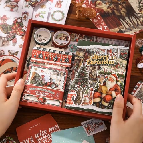 OFIFO® Christmas Scrapbooking Gift Box Set, Retro Santa Claus Themed A6 Notebook DIY Scrapbook Journaling Set, Includes Washi Tape, Themed Stickers, Sticky Notes, Supplies-Christmas Gift - Image 3