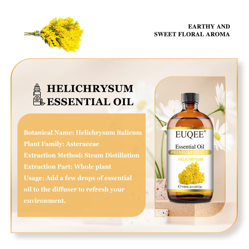 EUQEE Helichrysum Essential Oil 4 oz/118 ml Large Bottle Premium Helichrysum Oil with Glass Dropper - Great for Diffusers, Humidifier, Candle & Soap Making - Image 2