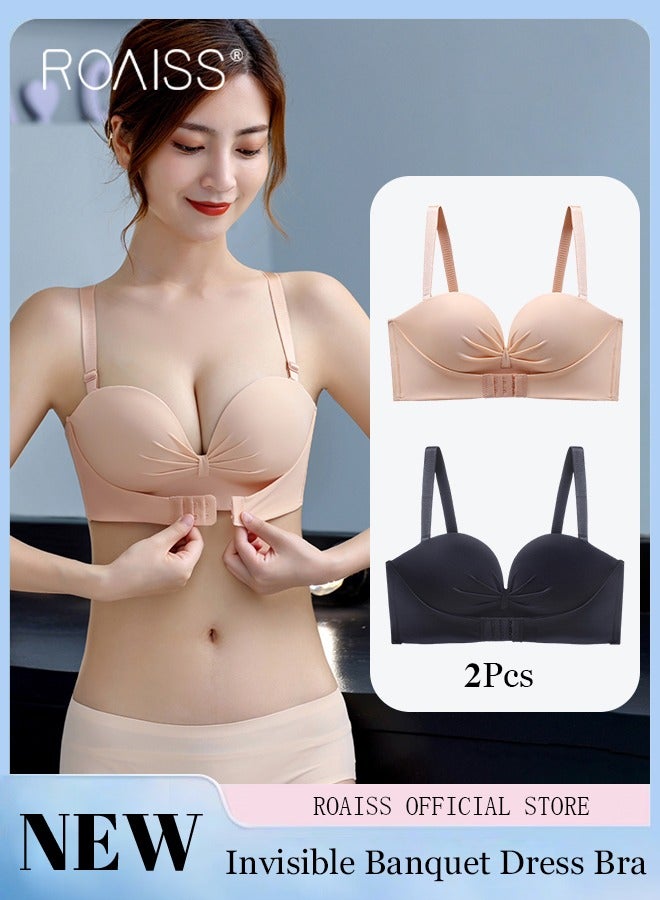 roaiss Women's Strapless Non Slip Bra 2-Piece Gathered Strapless Dress Bra Front Opening And Closing Design With Shoulder Strap Invisible Bra - Image 1