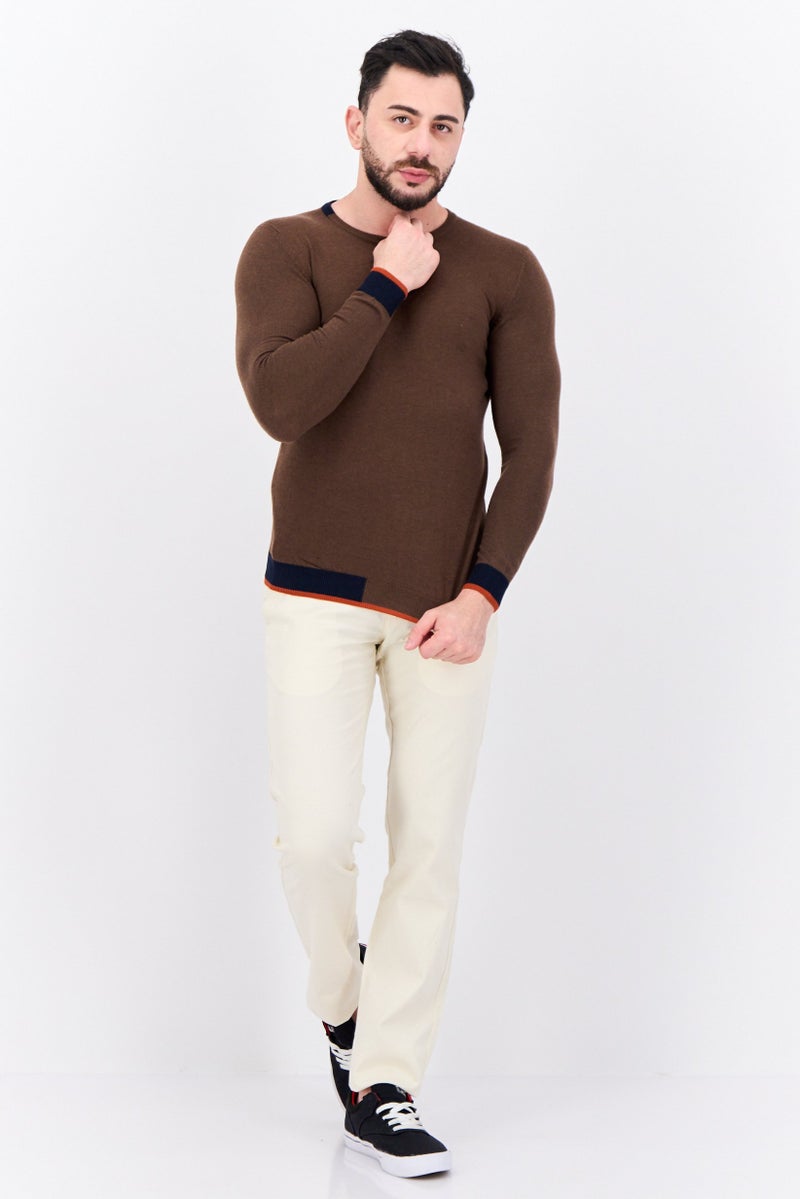 Sorbino Men Crew Neck Long Sleeve Textured Sweater, Brown  - Image 4