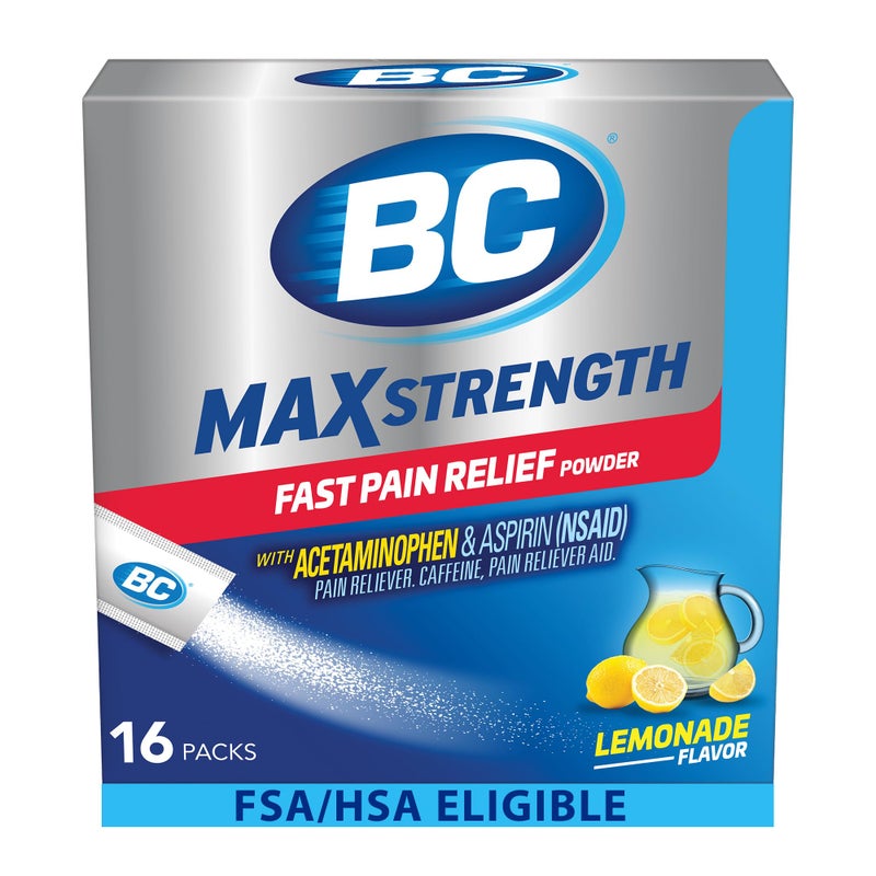BC MAX Strength Fast Pain Relief Powder, Lemonade Flavor Aspirin 500mg and Acetaminophen 500mg Dissolve Packs, 16 Count - Image 1