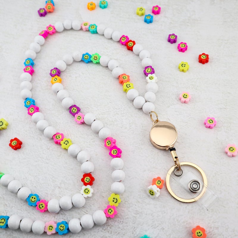 MyfavoriteK Smile Cute Teacher Lanyard for Women with Retractable ID Badge Reel Chain and Keychain Beaded Lanyards For Keys (White) - Image 5