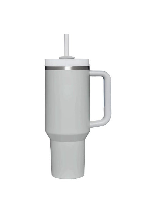 Thermal mug with straw, handle, and lid — portable double-wall vacuum insulated coffee cup made of stainless steel, suitable for hot and cold drinks, perfect for car (gray)