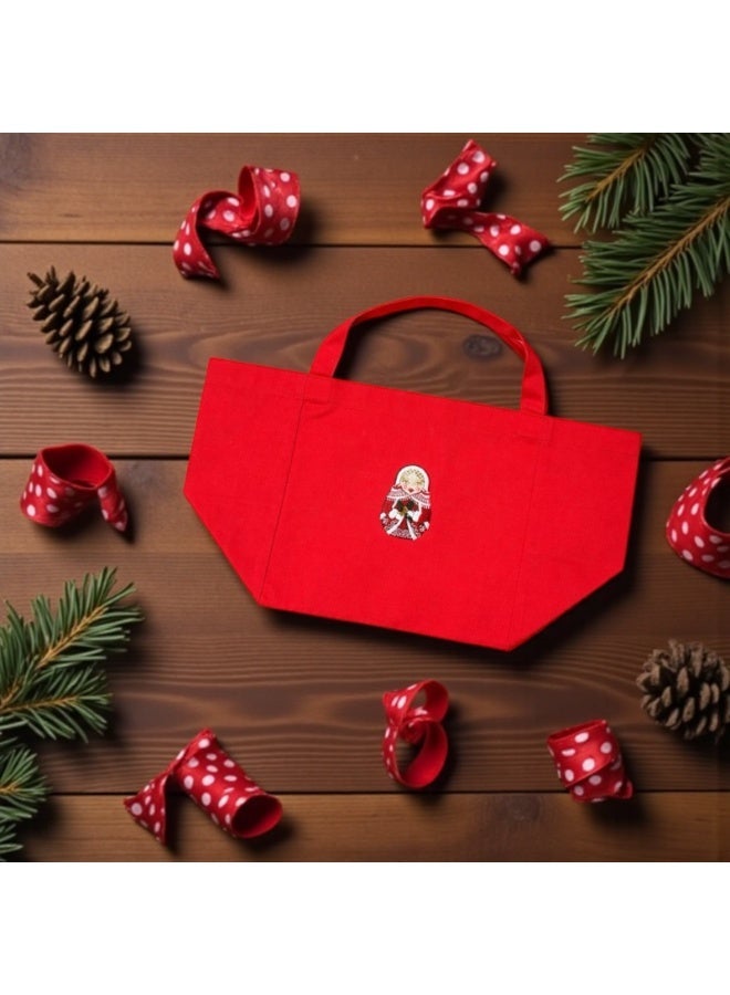 MOMO FOR HOME Red 100% Cotton Shopping Bag with Matryoshka Design, Reusable Tote Bag for Women - Image 3
