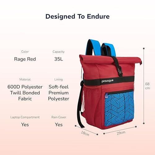 Provogue Vaulta 30 litres everyday backpack with 15.6 inch laptop compartment for men and women in Rage Red, stylish contemporary daily use college, office and outdoor bag | With organiser - Image 5