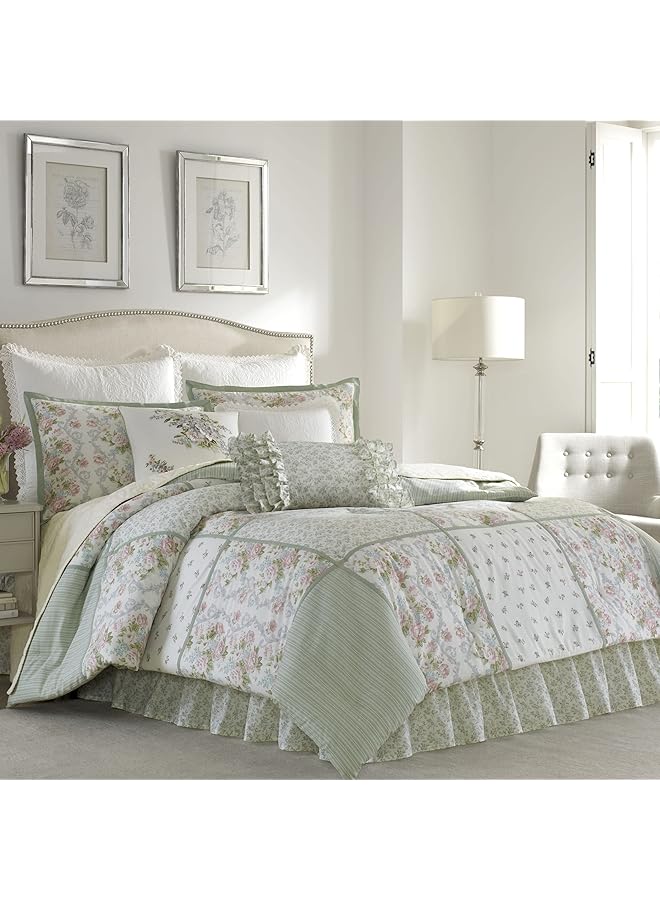 LAURA ASHLEY Full Comforter Set Reversible Cotton Bedding With Matching Shams And Bedskirt Stylish Home Decor For All Seasons Harper Sage Full - Image 1