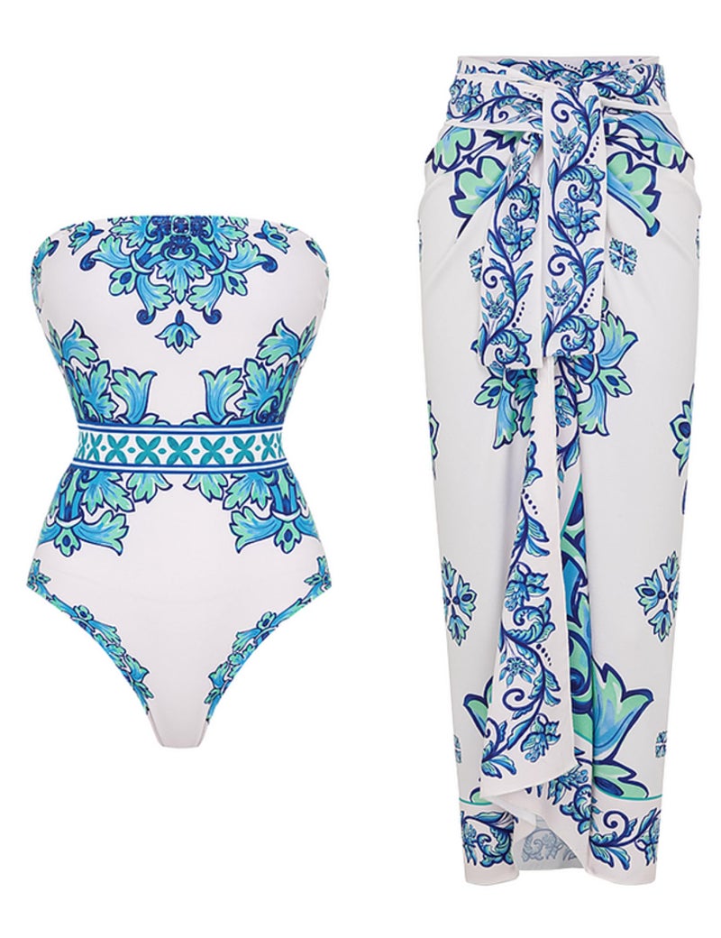 FLAXMAKER Strapless Swimsuit Lace Up Adjustable Animal Botanical Print Swimsuit and Skirt/Sarong (L,Blue Swimsuit and Sarong) - Image 1