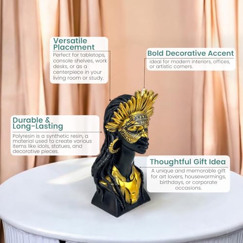 Bianco Masked Sun-Crown African Tribal Lady Bust Polyresin Showpiece 25cm Black & Gold Figurine Decorative Statue for Home Décor Living-Room Office Table Shelf Gift Collectible Decorative Showpiece - Image 3