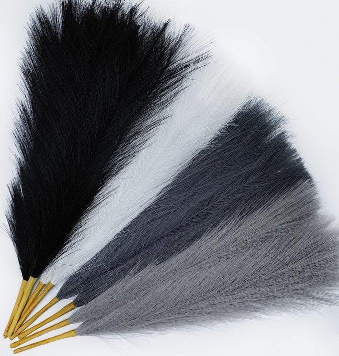 8 PCS 17 PAMPAS GRASS FAUX DRIED DECOR FLUFFY FAKE SMALL POMPAS ARTIFICIAL BLACK WHITE GREY GRAY POMPOUS SHORT STEMS BOUQUET FLOWER ARRANGEMENT VASE FILLER FOR BOHO HOME WEDDING DECORATION