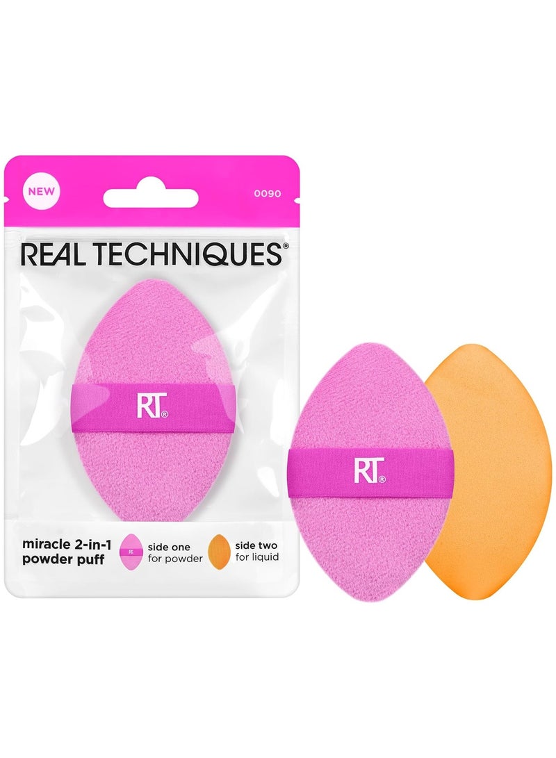REAL TECHNIQUES Miracle 2-In-1 Powder Puff, Dual-Sided Makeup Blending Puff, Reversible Elastic Band, Precision Makeup Sponge & Powder Puff, For Liquid, Cream & Powder Products, 1 Count Multicolor - Image 1