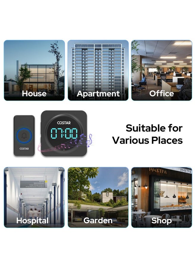 Costar Door Bell - Calling Bell Wireless with 24-Hour Time Display, Wireless Doorbell for Home, 1000ft Range Operating with 58 Chimes, 5 Levels Adjustable Volume(Pebble 700 Black)