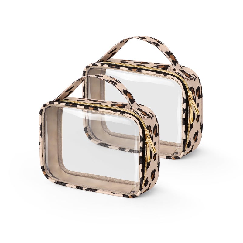 Wedama TSA Approved Toiletry Bag, 2 Pack Clear Makeup Bags with Handles, Quart Size PVC Clear Cosmetic Bags for Women and Men, Carry on Airport Airline Compliant Bag, Leopard Print - Image 1