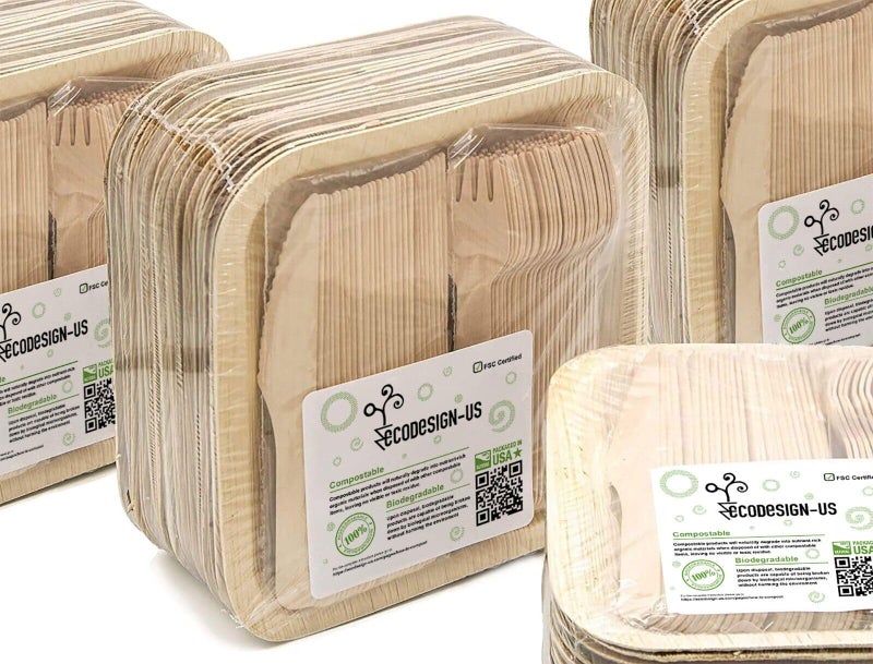 ECODESIGN-US ECODESIGNUS Holiday Party Dinnerware Eco Set of 300 EcoFriendly Dinnerware  100 Disposable 8 Square Palm Leaf Plates 100 Wood Forks 100 Wood Knives