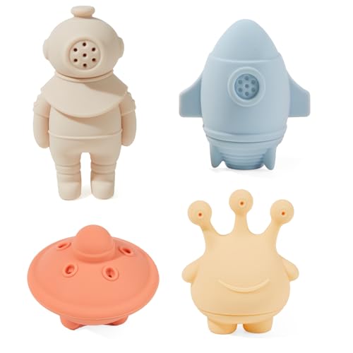 AMCHSURI Bath Toys Space Rocket 4 Pack DishwasherSafe Mold Free Silicone Bath Toys Soft Squeezable Float on Water Soft EasyGrip Baby Toddler Bath Toy Set Baby Pool Toys - Image 1