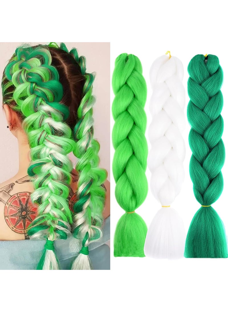 BASEMMAHER 3 Colors Green White Ombre Jumbo Braiding Hair Extensions 24 Inch Long Braiding Hair Pre Stretched High Temperature Synthetic Hair for Women Girl Twist Crochet Braids 