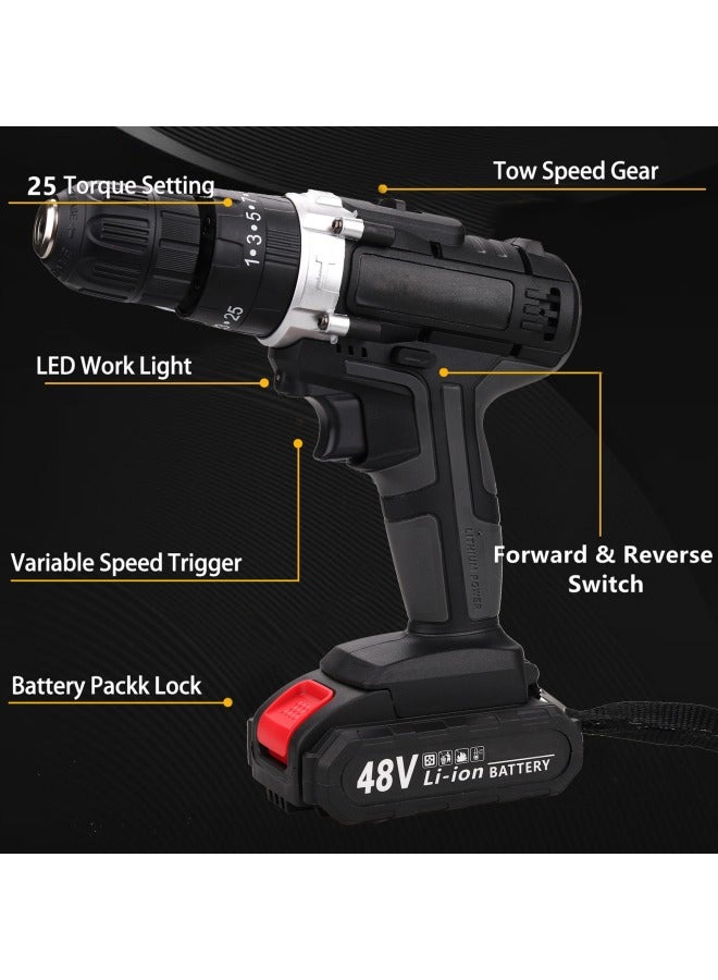 ALongDeng 48V Cordless Drill Set Power Drill Kit with 1 Pcs Battery 25 Position 2 Variable Speed 3/8'' Keyless Chuck Fast Charger and 24 Pcs Accessories with Case - Image 2
