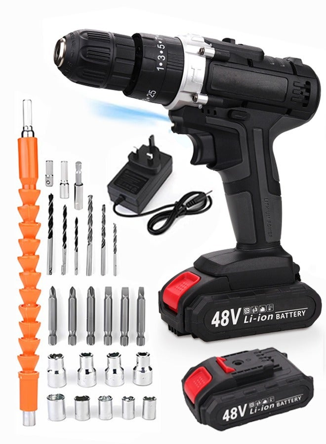 ALongDeng 48V Cordless Drill Set Power Drill Kit with 1 Pcs Battery 25 Position 2 Variable Speed 3/8'' Keyless Chuck Fast Charger and 24 Pcs Accessories with Case - Image 1