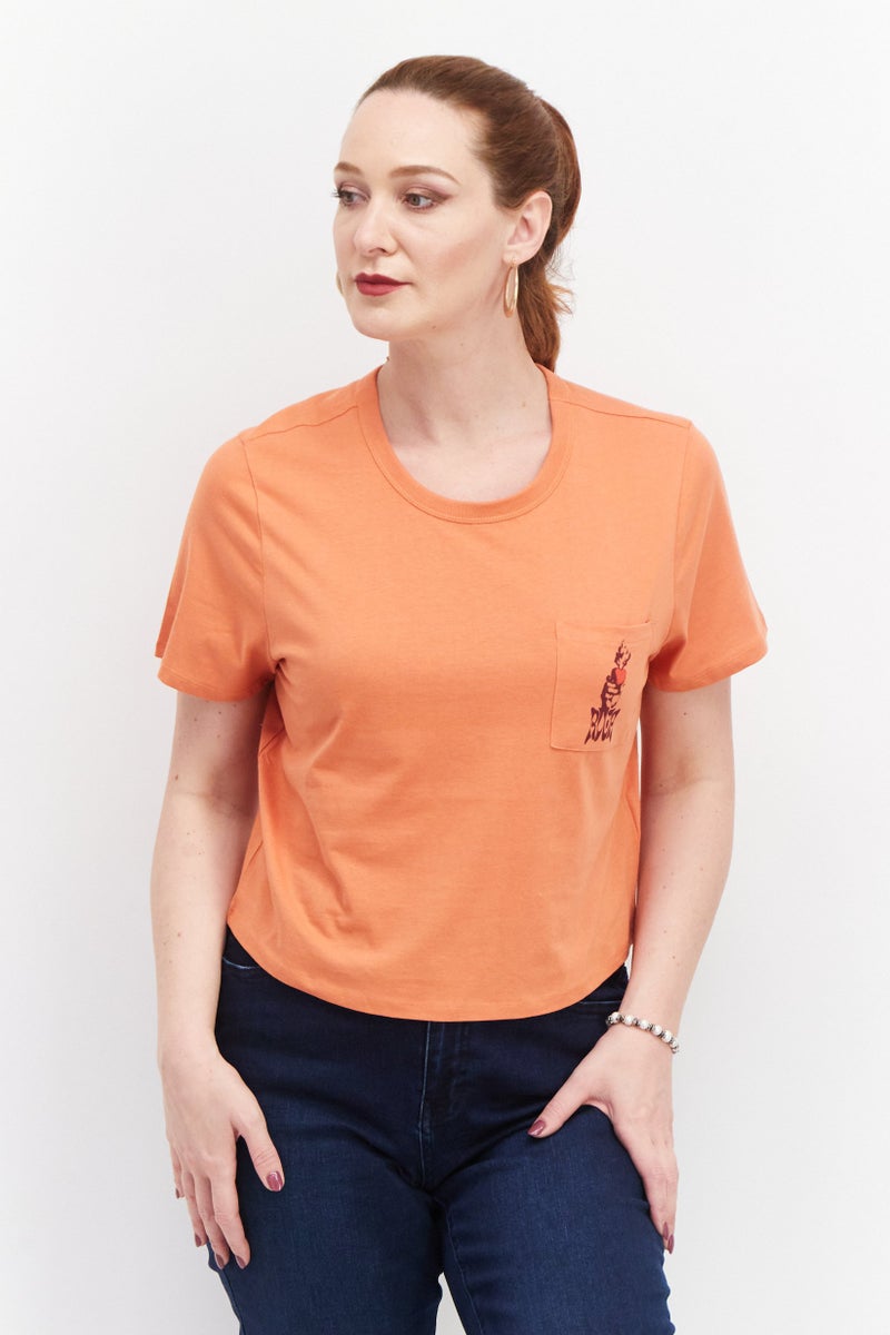 rvca Women Crew Neck Short Sleeve Graphic Print T Shirt, Orange - Image 1