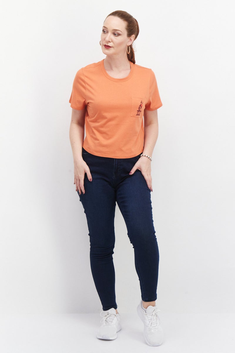 rvca تي شيرت نسائي بأكمام قصيرة وياقة دائرية بطباعة جرافيك، برتقالي - Image 4