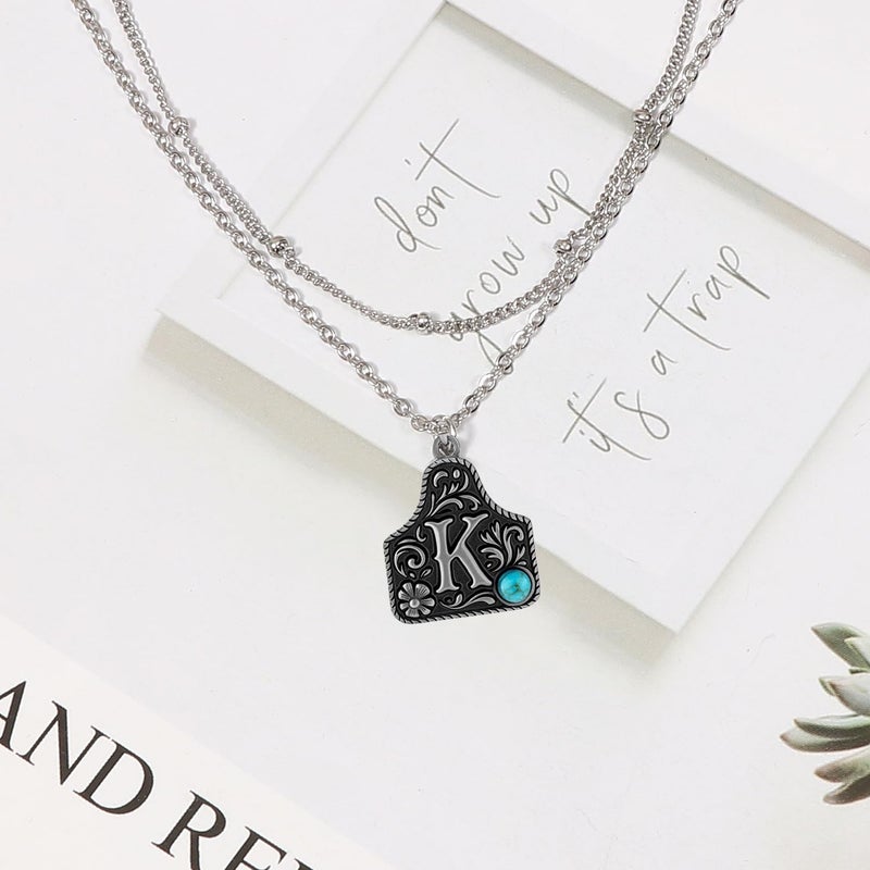 MANZHEN Western Cowgirl Initial Necklace for Men Women Layered Belt Buckle Necklaces Cow Tag Jewelry (K) - Image 3