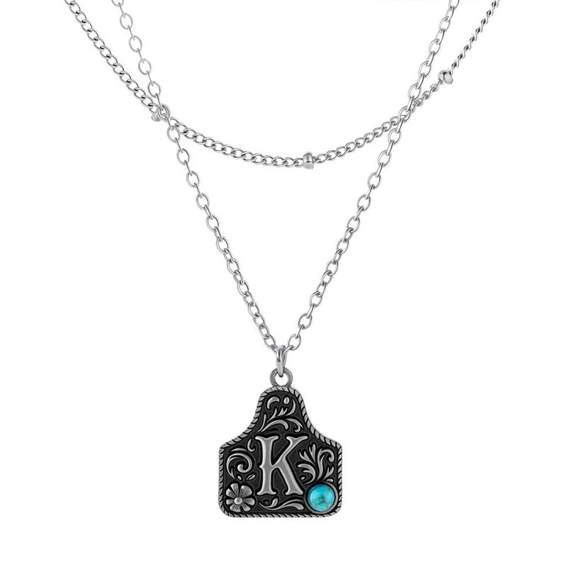 MANZHEN Western Cowgirl Initial Necklace for Men Women Layered Belt Buckle Necklaces Cow Tag Jewelry (K) - Image 1