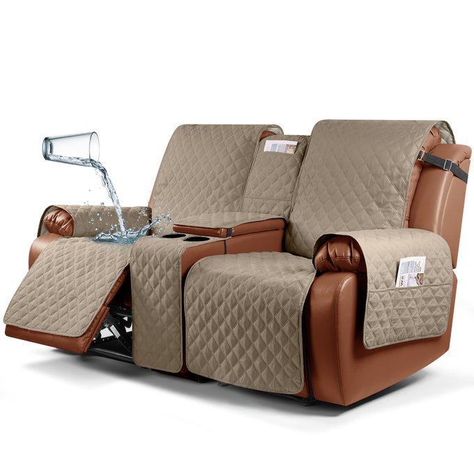 WATERPROOF RECLINER LOVESEAT COVER WITH CONSOLE NONSLIP COUCH COVER PET COVER FOR DOUBLE RECLINER SPLIT SOFA COVER WITH ELASTIC STRAPS FOR KIDS DOGS PETS PALE BROWN 2 SEATER