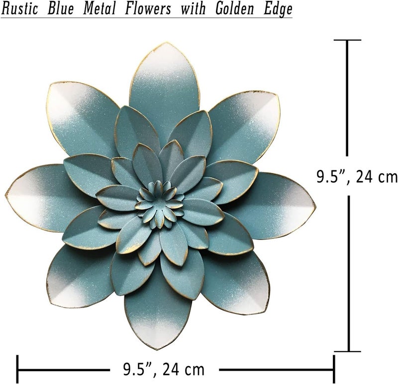 Picfarce Blue Metal Flower Wall Art Decor, 9.5“ Rustic Modern Floral Sculpture, Distressed Hanging Home Decoration Accent Artworks for Indoor Bedroom Living Room Office Outdoor Garden Patio - Image 3