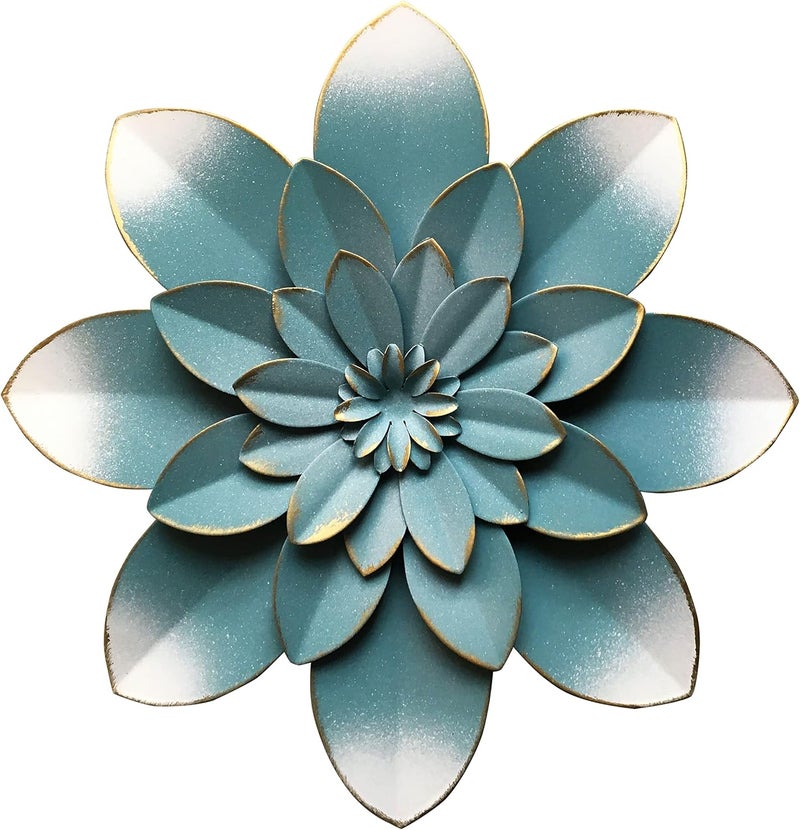 Picfarce Blue Metal Flower Wall Art Decor, 9.5“ Rustic Modern Floral Sculpture, Distressed Hanging Home Decoration Accent Artworks for Indoor Bedroom Living Room Office Outdoor Garden Patio - Image 1