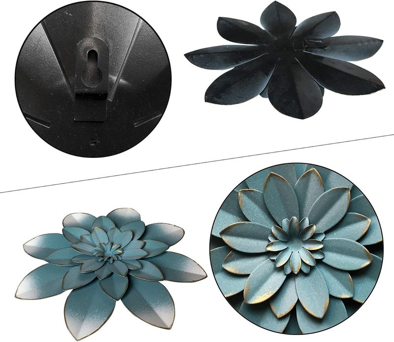Picfarce Blue Metal Flower Wall Art Decor, 9.5“ Rustic Modern Floral Sculpture, Distressed Hanging Home Decoration Accent Artworks for Indoor Bedroom Living Room Office Outdoor Garden Patio - Image 2
