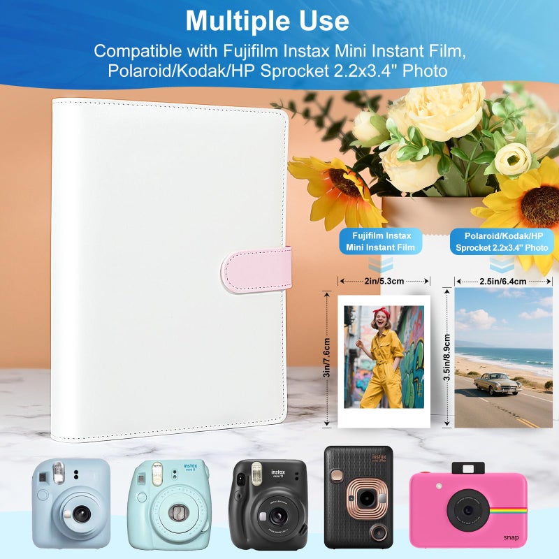 WITHYU Refillable PU Leather Album A5 Photocard Binder with Adjustable Page,200 Pockets,Compatible with Fujifilm Instax Mini 12 11 9 40 99 90 8 7 Evo LiPlay,Polaroid Snap PIC-300 Z2300 Instant Cameras (Pink) - Image 3