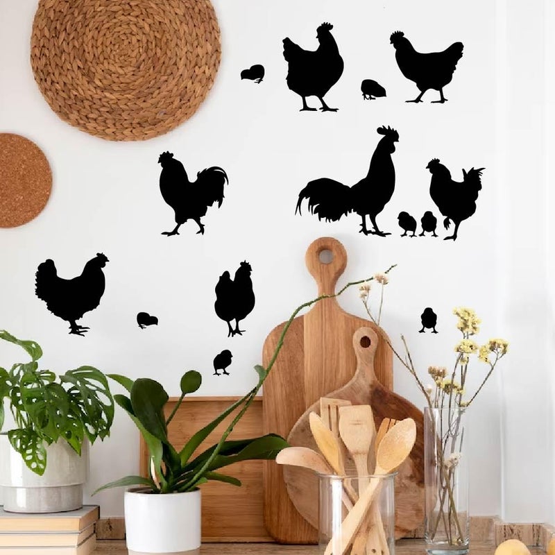 SUPERDANT Chicken Wall Decor Poultry Silhouette Wall Sticker Rooster and Hen Cockerel Decal Animals Art Mural Black Adhesive Mural Wallpaper for Kitchen Farmhouse Kids Room Decor