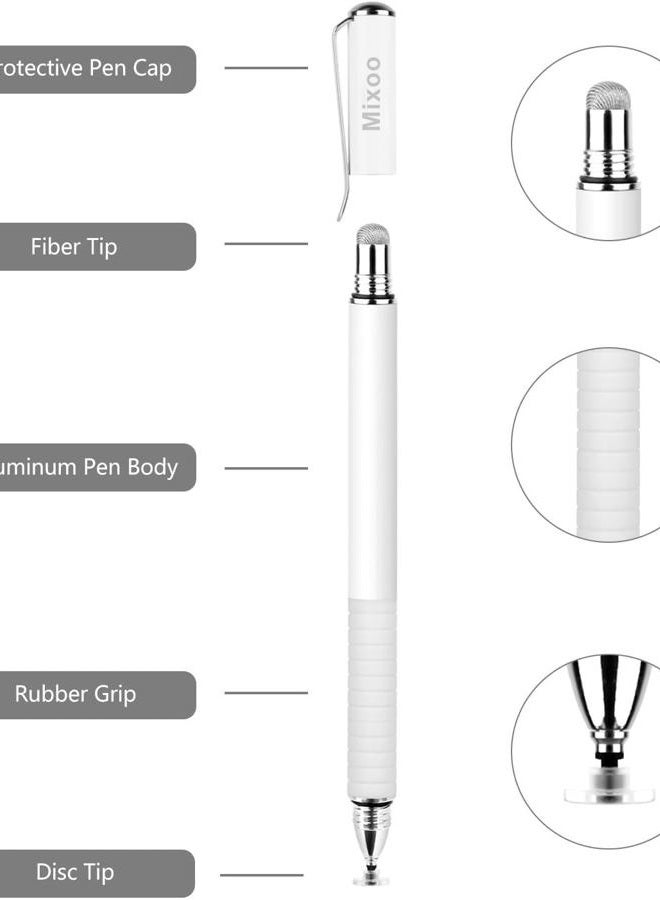 Mixoo Stylus Pens for Touch Screens - Disc & Fiber Tip 2 in 1 High Sensitivity Universal Stylus for iPad, iPhone, Tablets and Other Capacitive Touch Screens (White) - Image 2