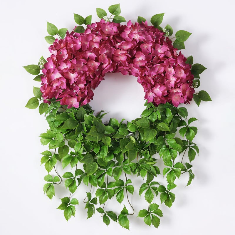 Juxdp Artificial Hydrangea Wreath for Front Door Outside - Fake Hydrangea Real Touch Ivy, Spring Summer Greenery Flowers Wreath, for Home Mantel Window Farmhouse Decor (23", Rose Red) - Image 1