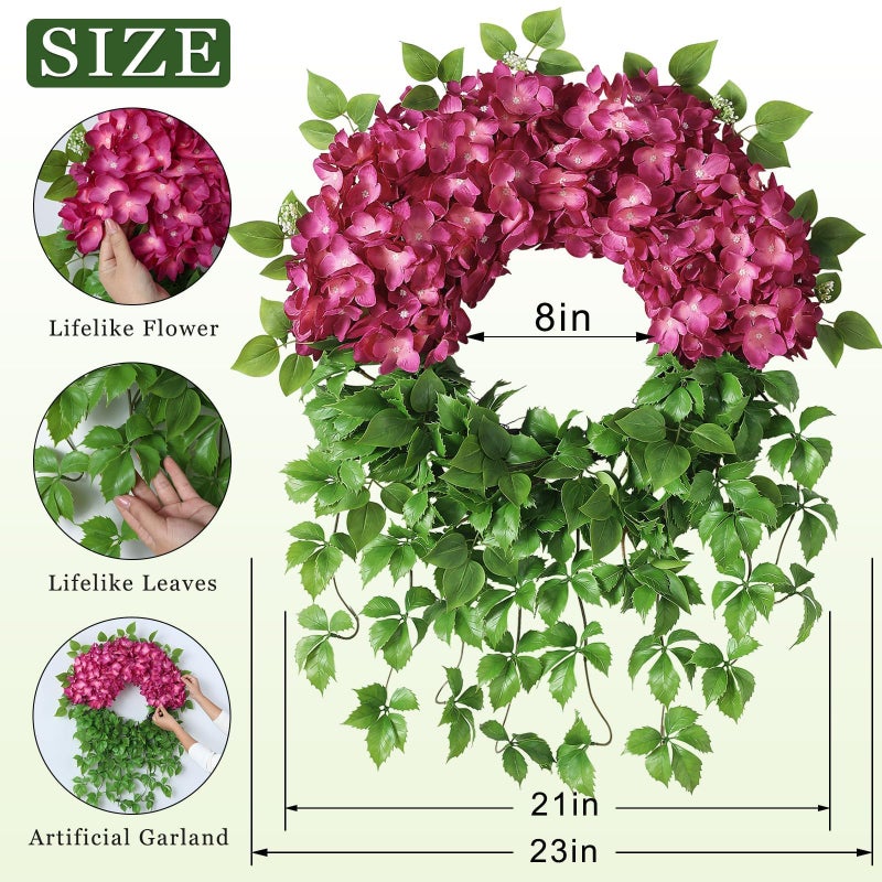 Juxdp Artificial Hydrangea Wreath for Front Door Outside - Fake Hydrangea Real Touch Ivy, Spring Summer Greenery Flowers Wreath, for Home Mantel Window Farmhouse Decor (23", Rose Red) - Image 5