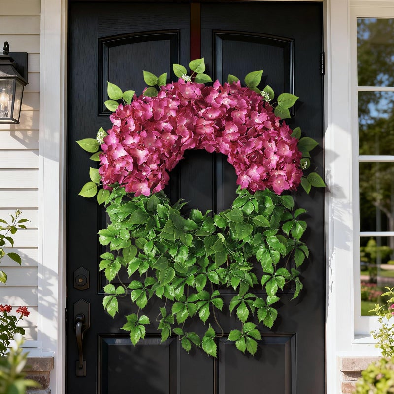Juxdp Artificial Hydrangea Wreath for Front Door Outside - Fake Hydrangea Real Touch Ivy, Spring Summer Greenery Flowers Wreath, for Home Mantel Window Farmhouse Decor (23", Rose Red) - Image 2