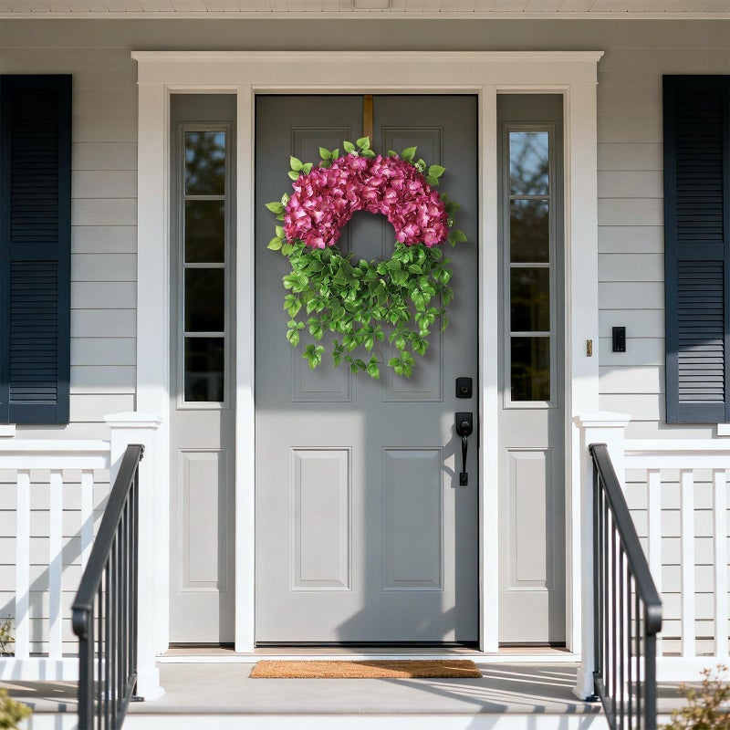 Juxdp Artificial Hydrangea Wreath for Front Door Outside - Fake Hydrangea Real Touch Ivy, Spring Summer Greenery Flowers Wreath, for Home Mantel Window Farmhouse Decor (23", Rose Red) - Image 3