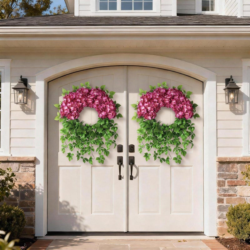 Juxdp Artificial Hydrangea Wreath for Front Door Outside - Fake Hydrangea Real Touch Ivy, Spring Summer Greenery Flowers Wreath, for Home Mantel Window Farmhouse Decor (23", Rose Red) - Image 4