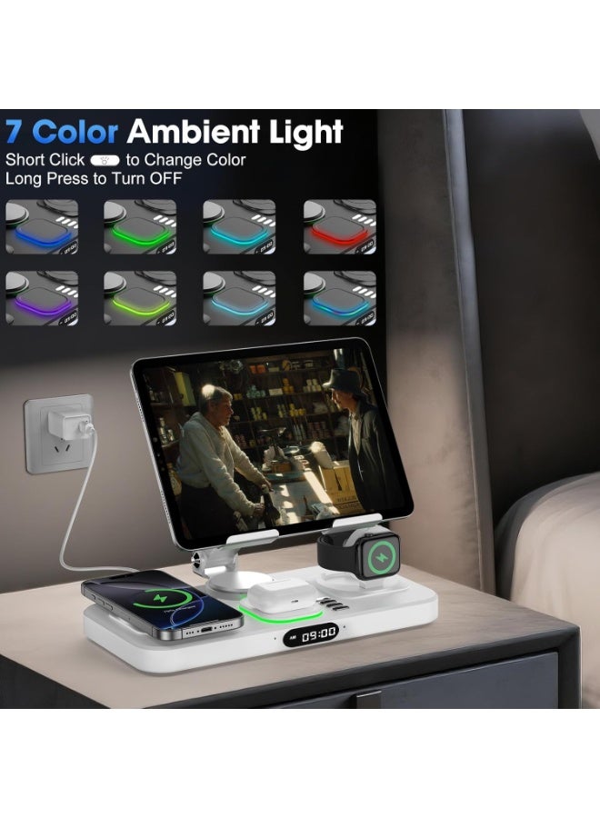 LBMT شاحن لاسلكي قابل للطي لمنتجات آبل، محطة شحن مع إضاءة ملونة 7 وعرض للساعة، شحن سلكي لمحطة شحن آيباد/تابلت، مناسب لهواتف آيفون 16/15/14، ساعة آي ووتش، آيربودز 4/3 (أبيض) - Image 2