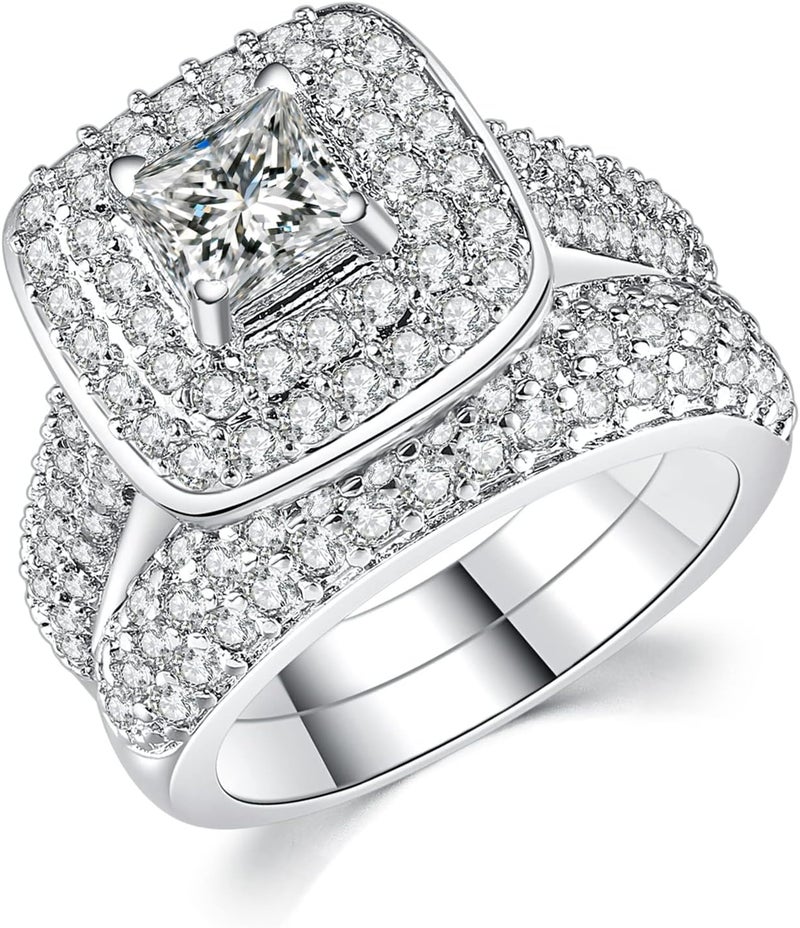 Double Fair 2 Piece Wedding Ring for Women 1 Carat Princess Cut Cubic Zirconia Engagement Promise Bridal silver Band Fashion Cute White Gold Plated Ring Set Gift Jewelry - Image 1
