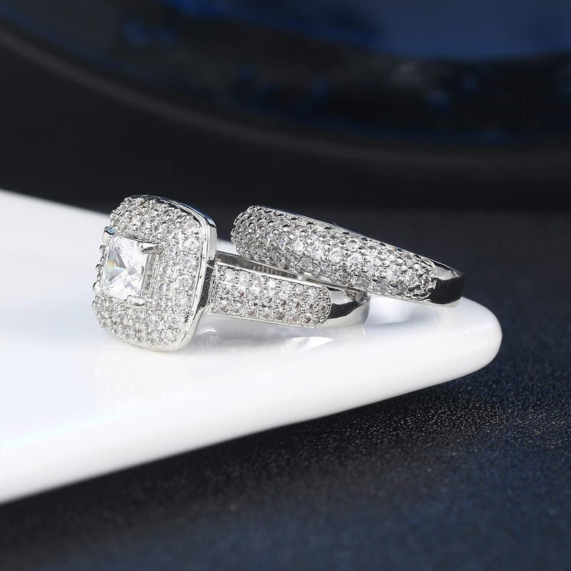 Double Fair 2 Piece Wedding Ring for Women 1 Carat Princess Cut Cubic Zirconia Engagement Promise Bridal silver Band Fashion Cute White Gold Plated Ring Set Gift Jewelry - Image 4