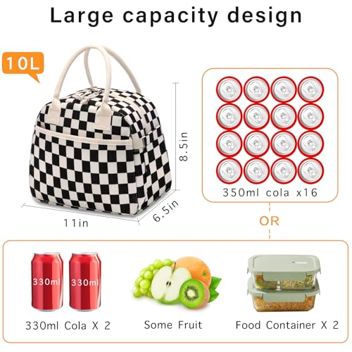 Carry bloom Lunch Box for Women Insulated Lunch Bag Cute Corduroy Lunchbag Reusable Lunchbox for Work checkered black white - Image 3