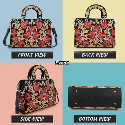 EVEDA Synthetic Leather Gorgeous Embroidery Stylish Design Shoulder Crossbody Hobo Women Handbag, Black - Image 4