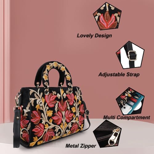 EVEDA Synthetic Leather Gorgeous Embroidery Stylish Design Shoulder Crossbody Hobo Women Handbag, Black - Image 5