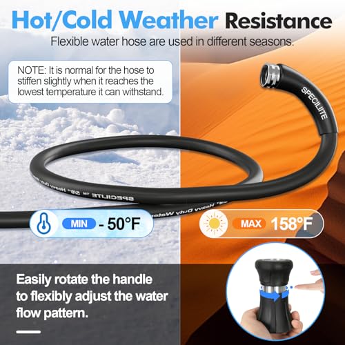 SPECILITE 5/8" Hot/Cold Water Hose 25 ft with High Flow Nozzle,Heavy Duty Flexible Rubber Garden Hose -50℉ to 158℉ With 3/4" Stainless Steel Fittings for Yard, Outdoor, Farm, Lightweight, Black - Image 2