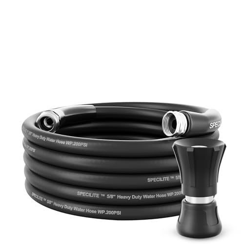 SPECILITE 5/8" Hot/Cold Water Hose 25 ft with High Flow Nozzle,Heavy Duty Flexible Rubber Garden Hose -50℉ to 158℉ With 3/4" Stainless Steel Fittings for Yard, Outdoor, Farm, Lightweight, Black - Image 1
