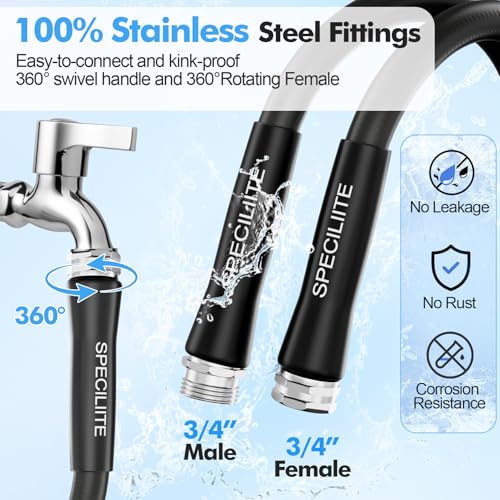SPECILITE 5/8" Hot/Cold Water Hose 25 ft with High Flow Nozzle,Heavy Duty Flexible Rubber Garden Hose -50℉ to 158℉ With 3/4" Stainless Steel Fittings for Yard, Outdoor, Farm, Lightweight, Black - Image 4