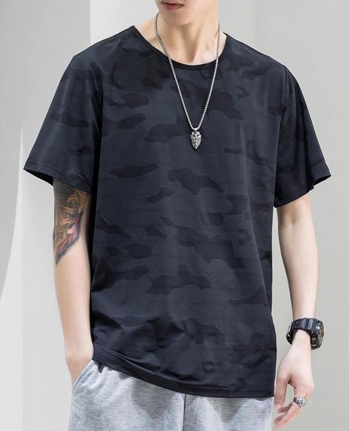 Generic Short-sleeved T-shirt Mens Spring and Summer Sports Casual Wear Camouflage Crewneck Quick-drying Lovers Breathable Slim-fit Sports Top T-shirt Black - Image 1
