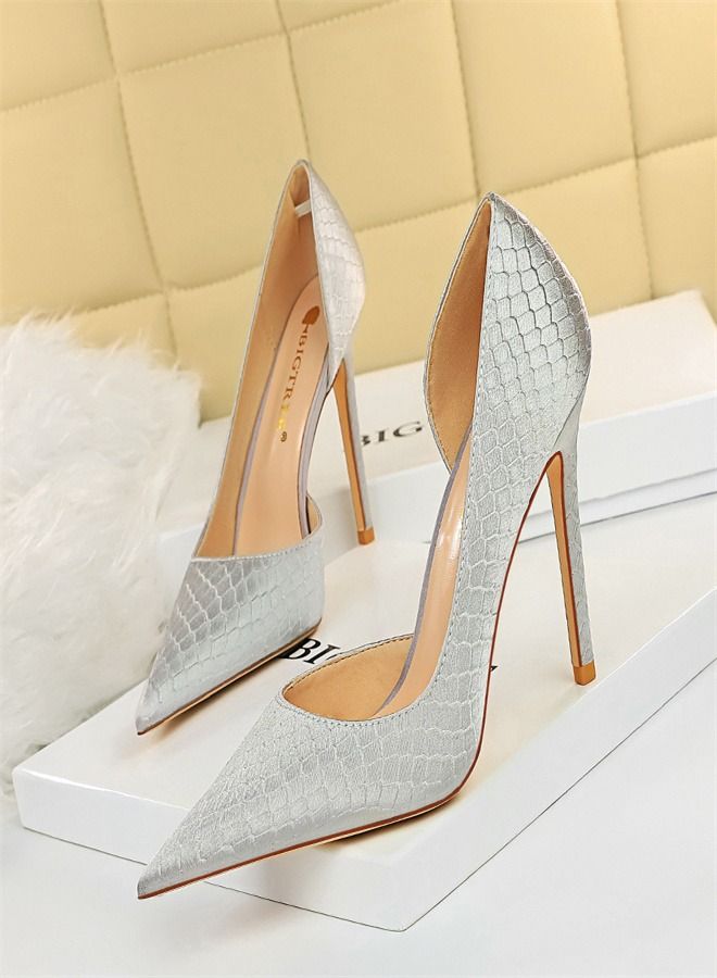 BIGTREE Shallow Side Cut-Out Snake High Heels 10.5CM Silver
