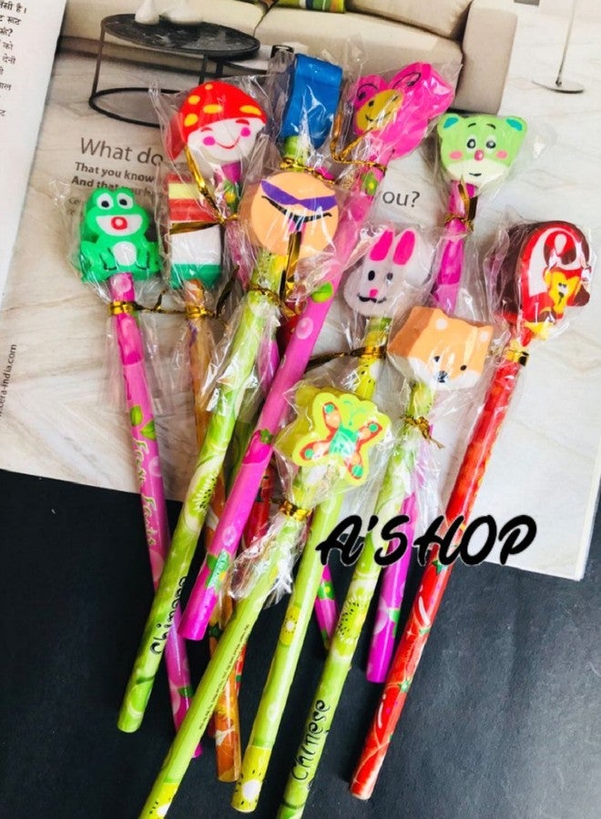 A'SHOP Colorful Cute Cartoon Character Pencils with Erasers (Pack of 12 Pencils) - Image 1