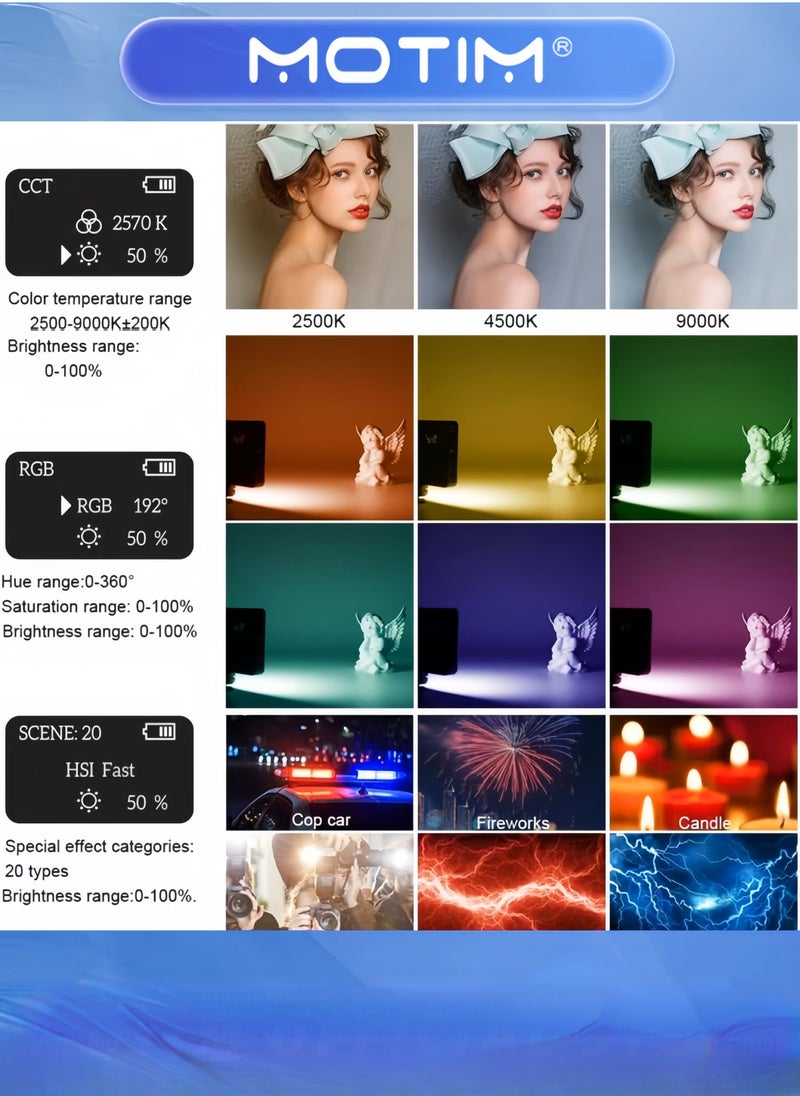 Motim LED Video Light W140 RGB Video Lights Portable Selfie Light for Camera Full Color 2500-9900K & 140 Bright Beads with OLED Display & 3100mAh Rechargeable CRI 95+  - Image 2